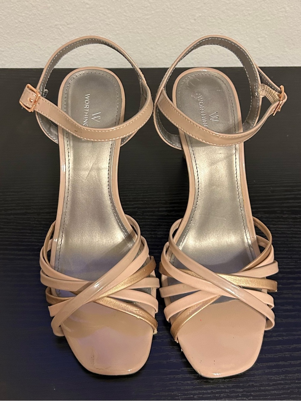Worthington Beige/Gold Strappy Open Toe Ankle Strap Buckle Heels Size 9